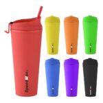 24 oz Rubberized Double Wall Plastic Tumbler With Straw