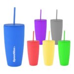 28 oz Rubberized Double Wall Plastic Tumbler With Straw